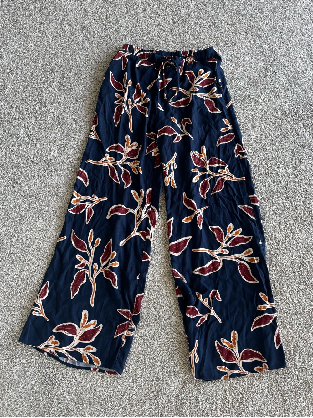 Gilli Navy Wide-Leg Floral Print Pants with Burgundy & Cream Accents